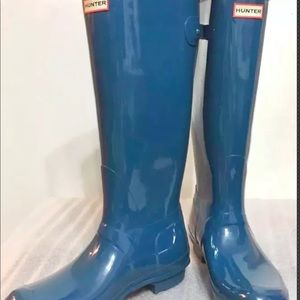New Hunter Women Tall Rainboots Teal Blue Sz 5 Glossy